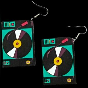 Retro Turntable Earrings - Black and Teal